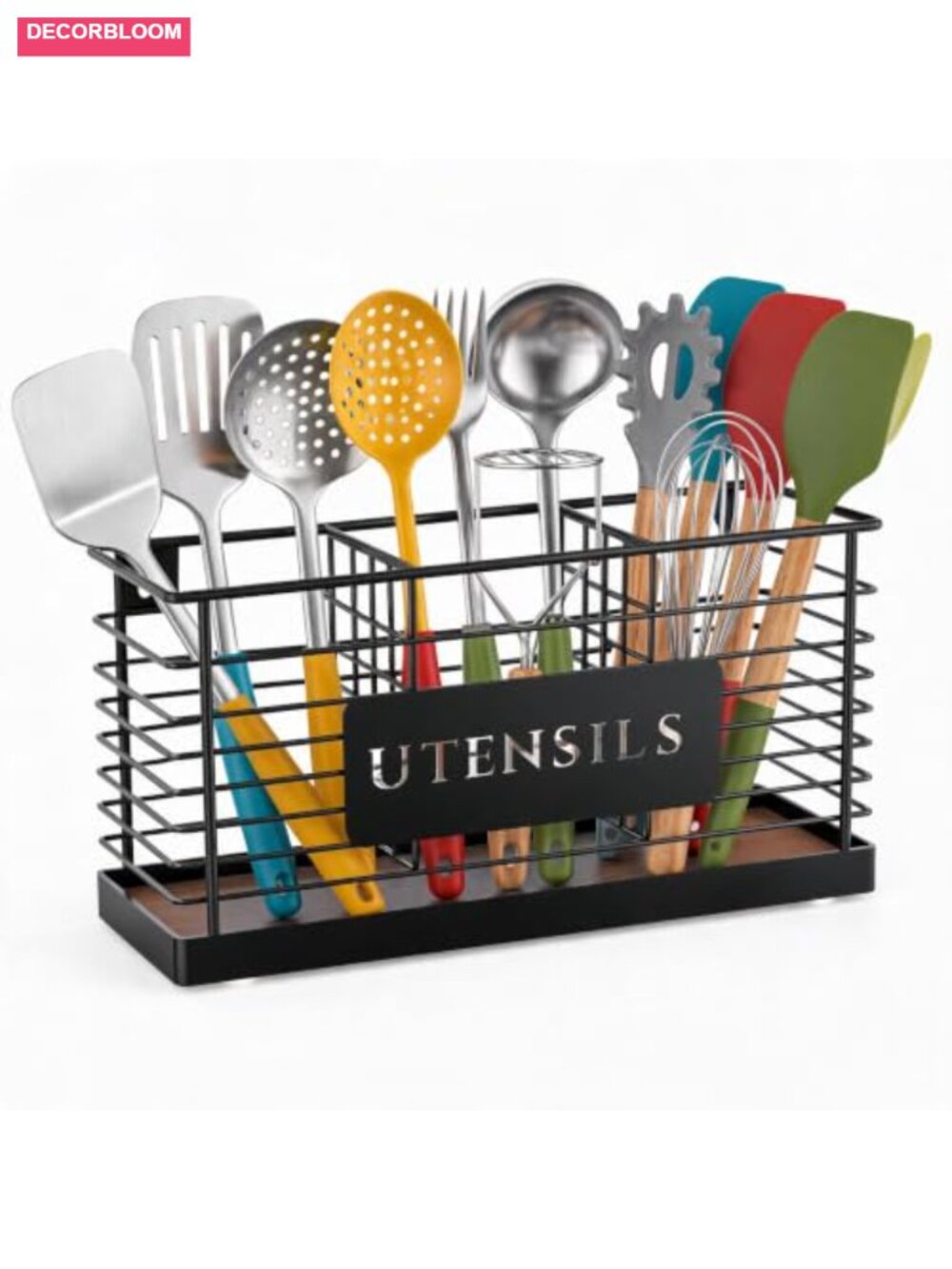 Large Metal Utensil Holder 3 Compartment Kitchen Countertop Organizer Wood Base